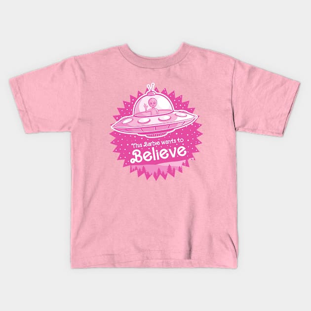 Pink Alien Wants to Believe Kids T-Shirt by sirwatson